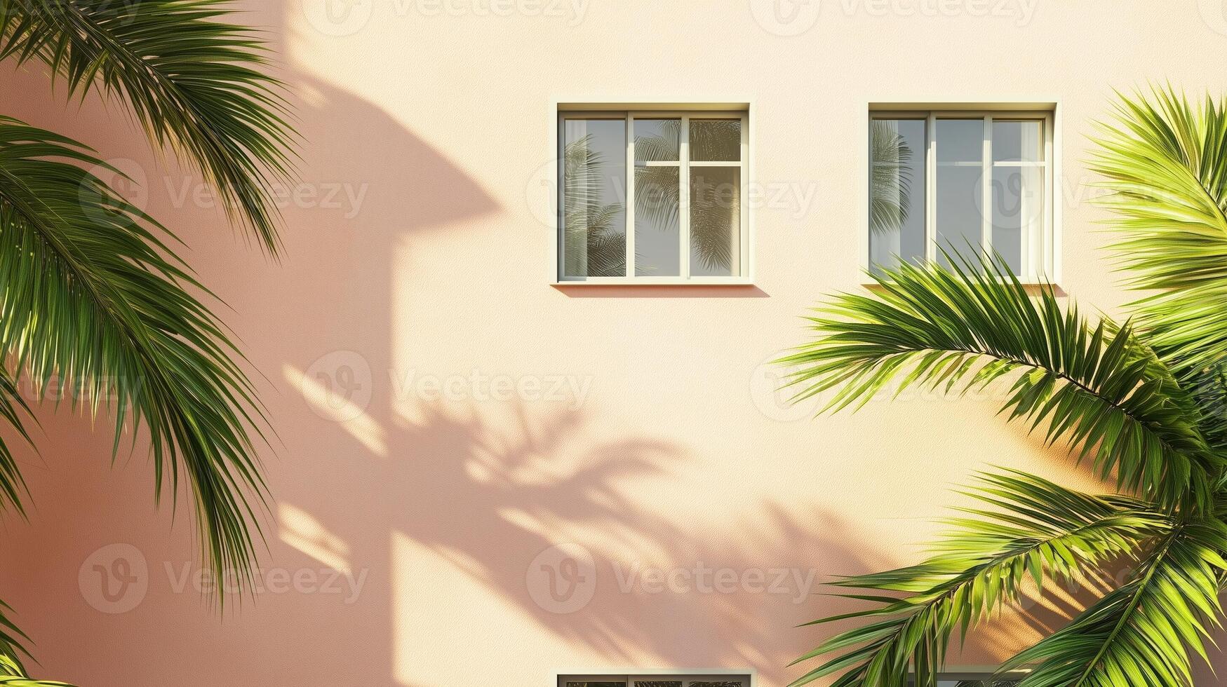 Modern minimalist east style window building with beige tone wall and greenery palm plant decoration photo