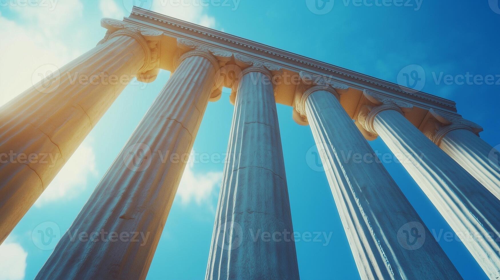 Stone columns concrete texture pillar classical building exterior with sunset sky photo