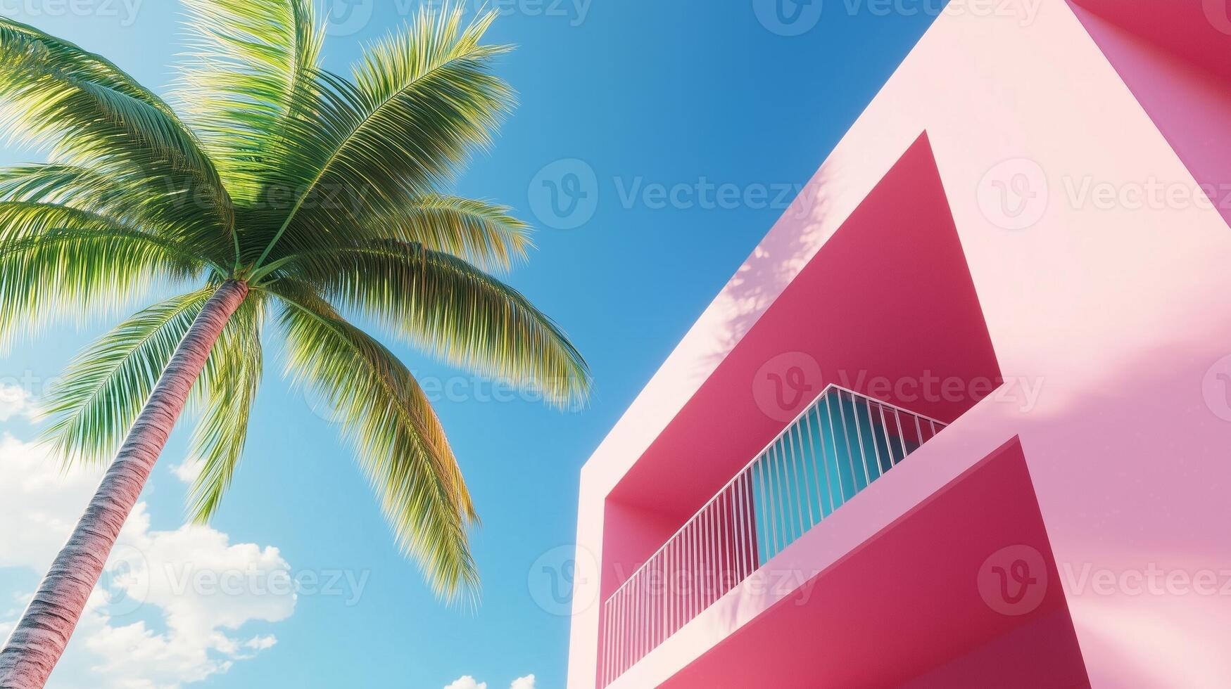 Simple minimal style modern building with colorful fresh tone, palm tree and blue sky, bottom view photo