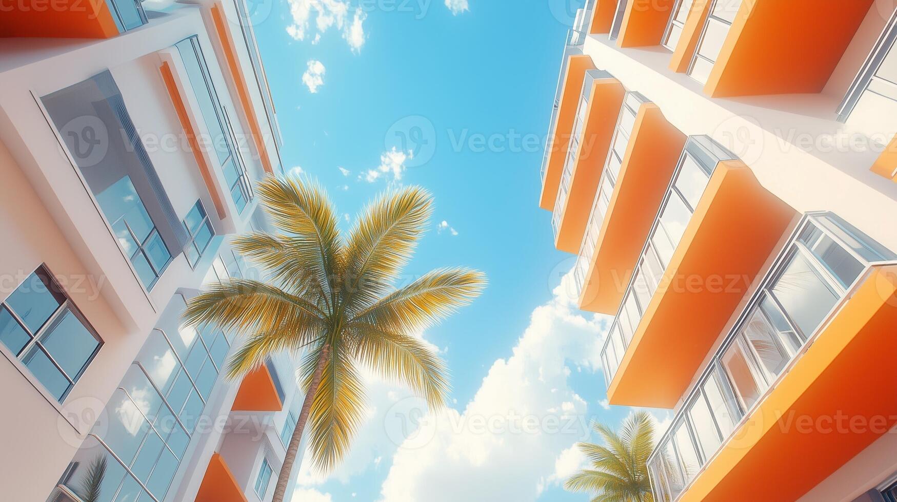 Simple minimal style modern building with yellow fresh, palm tree tone and blue sky, bottom view photo