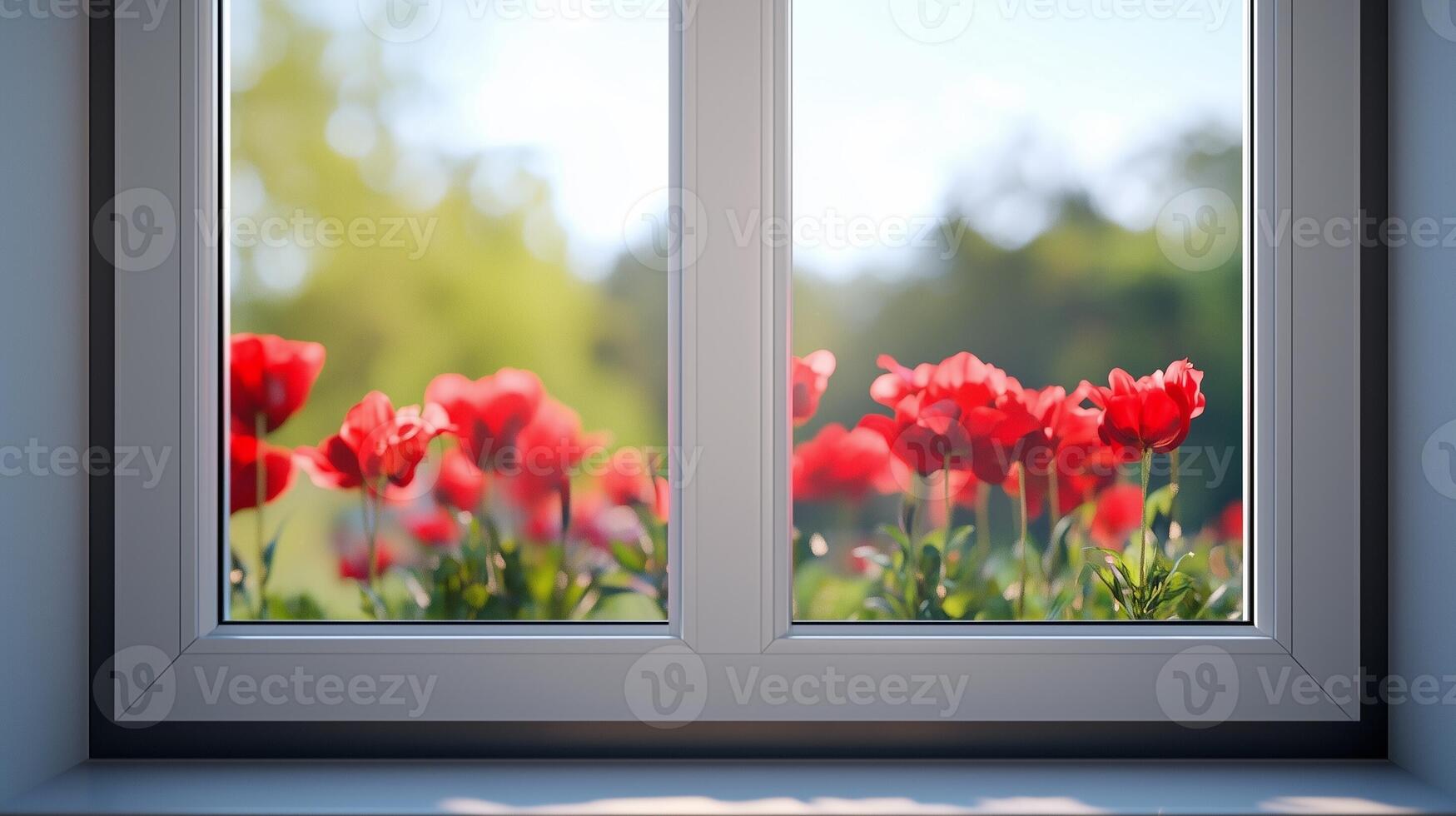Window glass white metal frame corner in house with blurred red flower decoration photo