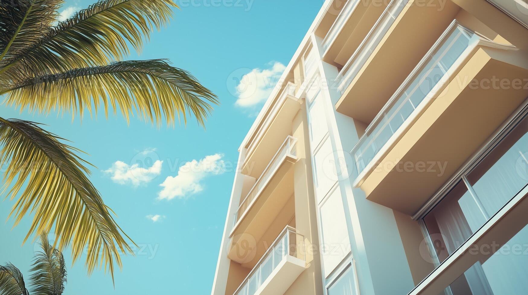 Simple modern building with palm tree decoration and blue sky, bottom view photo