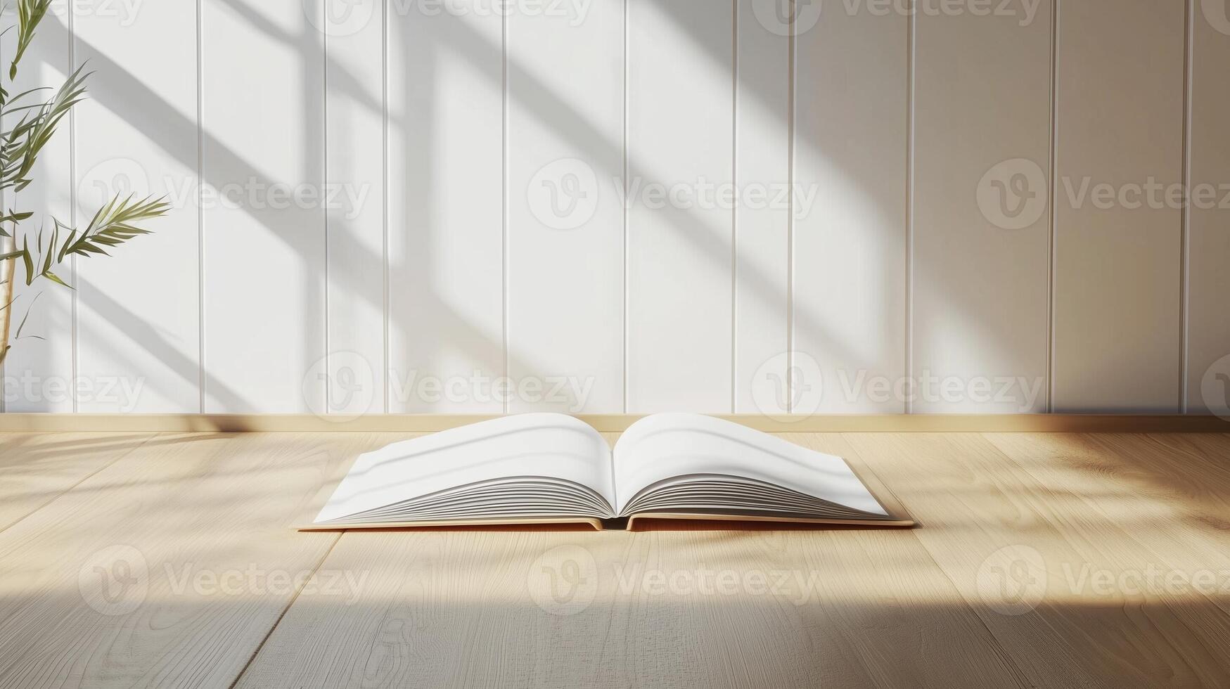 Open blank white paper book on wooden table side view copy space background photo