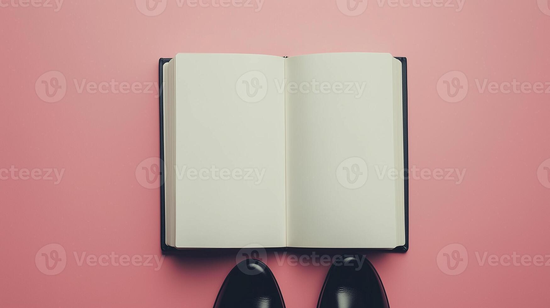 Blank white book open white paper and a pair black shoes top of view pink background photo