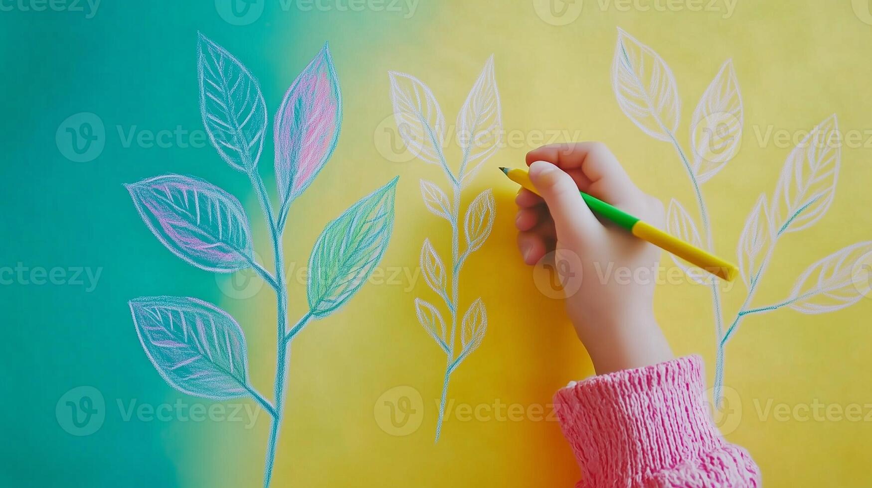 hands kid drawing plant sketch with coloring pencil on white paper top of view background photo