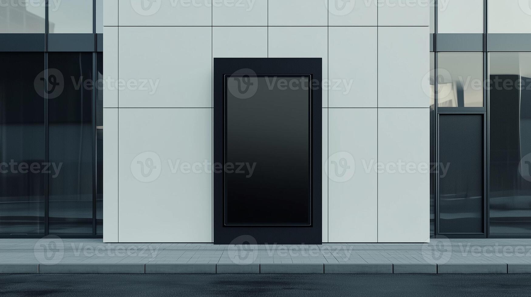 Mockup black blank board modern placard rectangle advertising in wall building for information photo