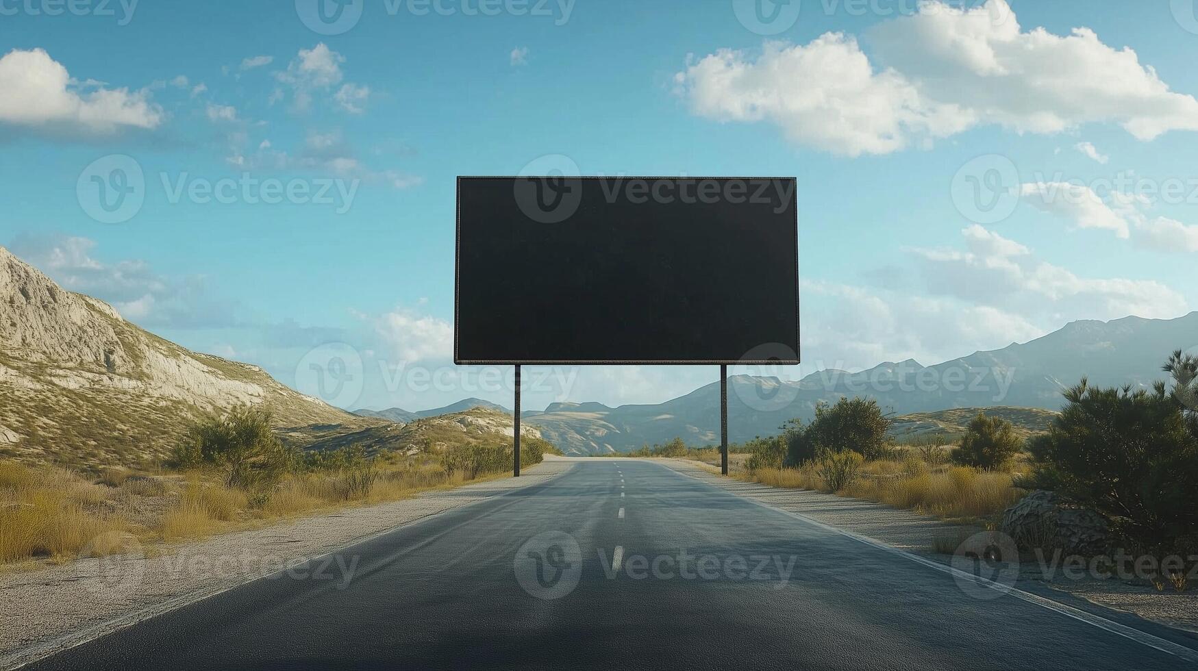Mockup black blank board on the highway mountain view going to journey photo