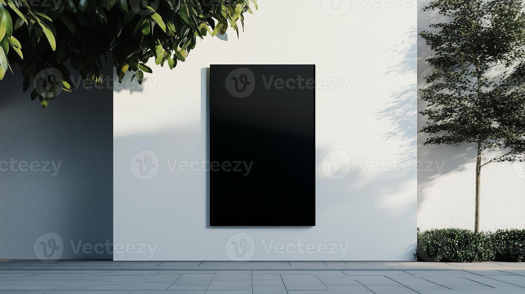 Mockup black blank board modern placard rectangle advertising in wall building for information photo