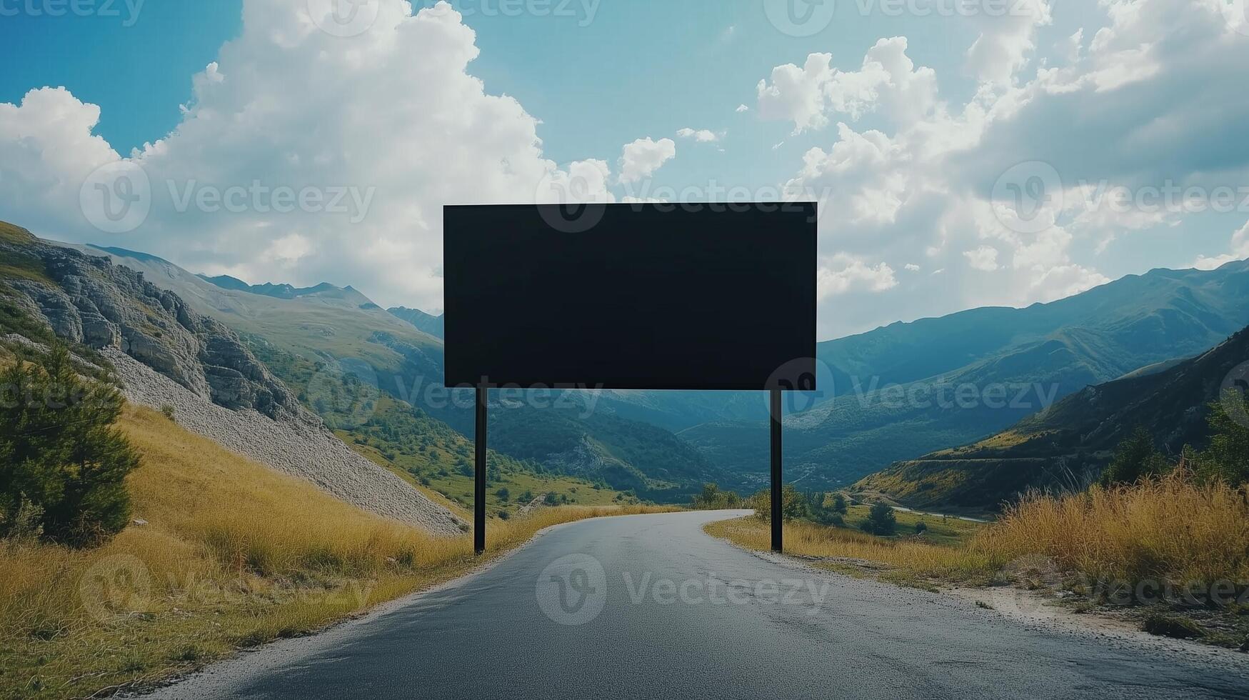 Mockup black blank board on the highway mountain view going to journey photo