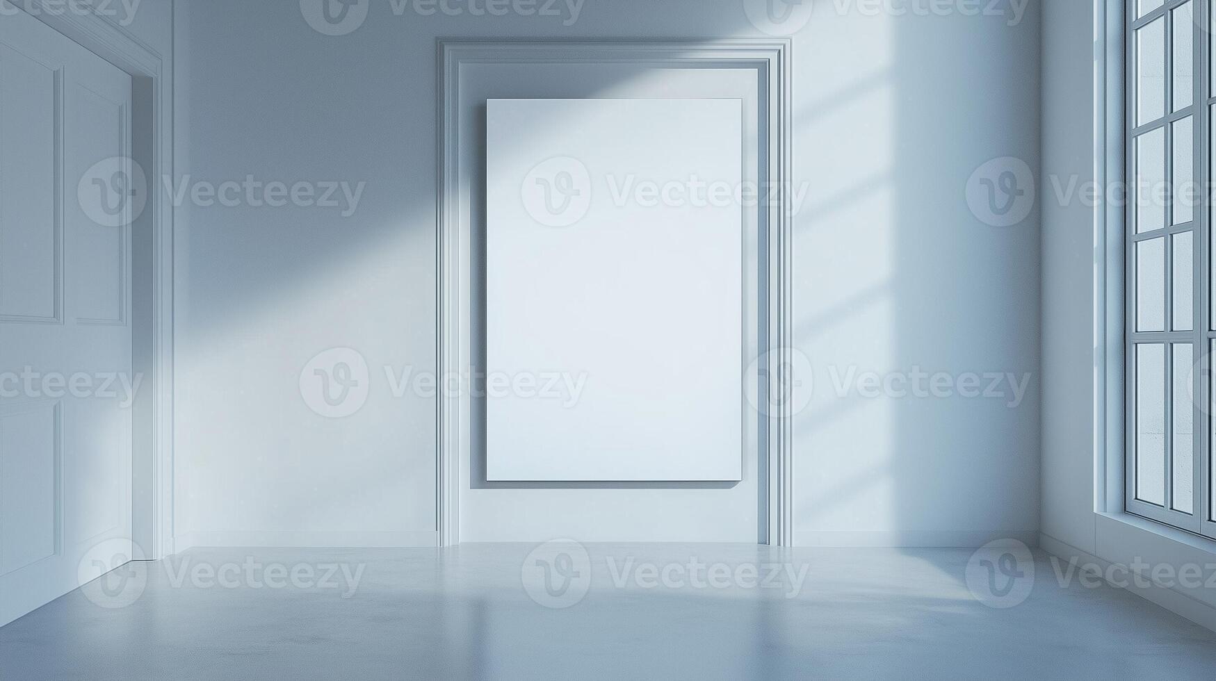 Mockup white blank board modern placard rectangle in wall building for information photo