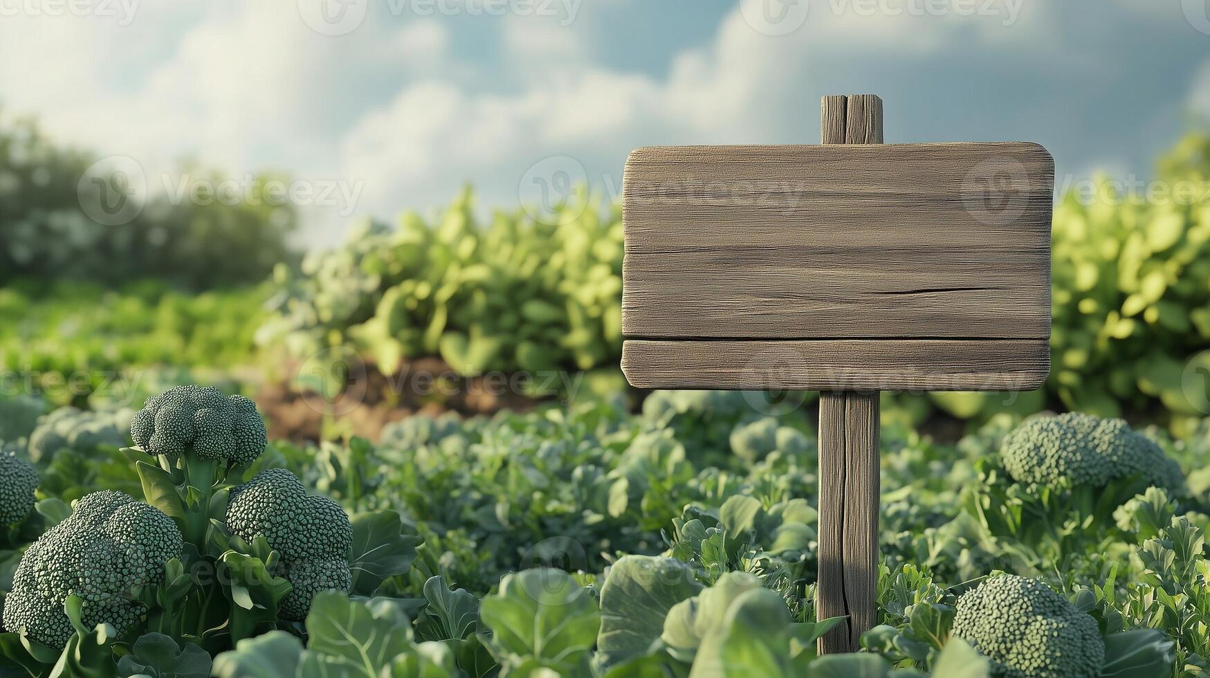 Blank wooden trunk board for label information important in broccoli botanical garden farming photo
