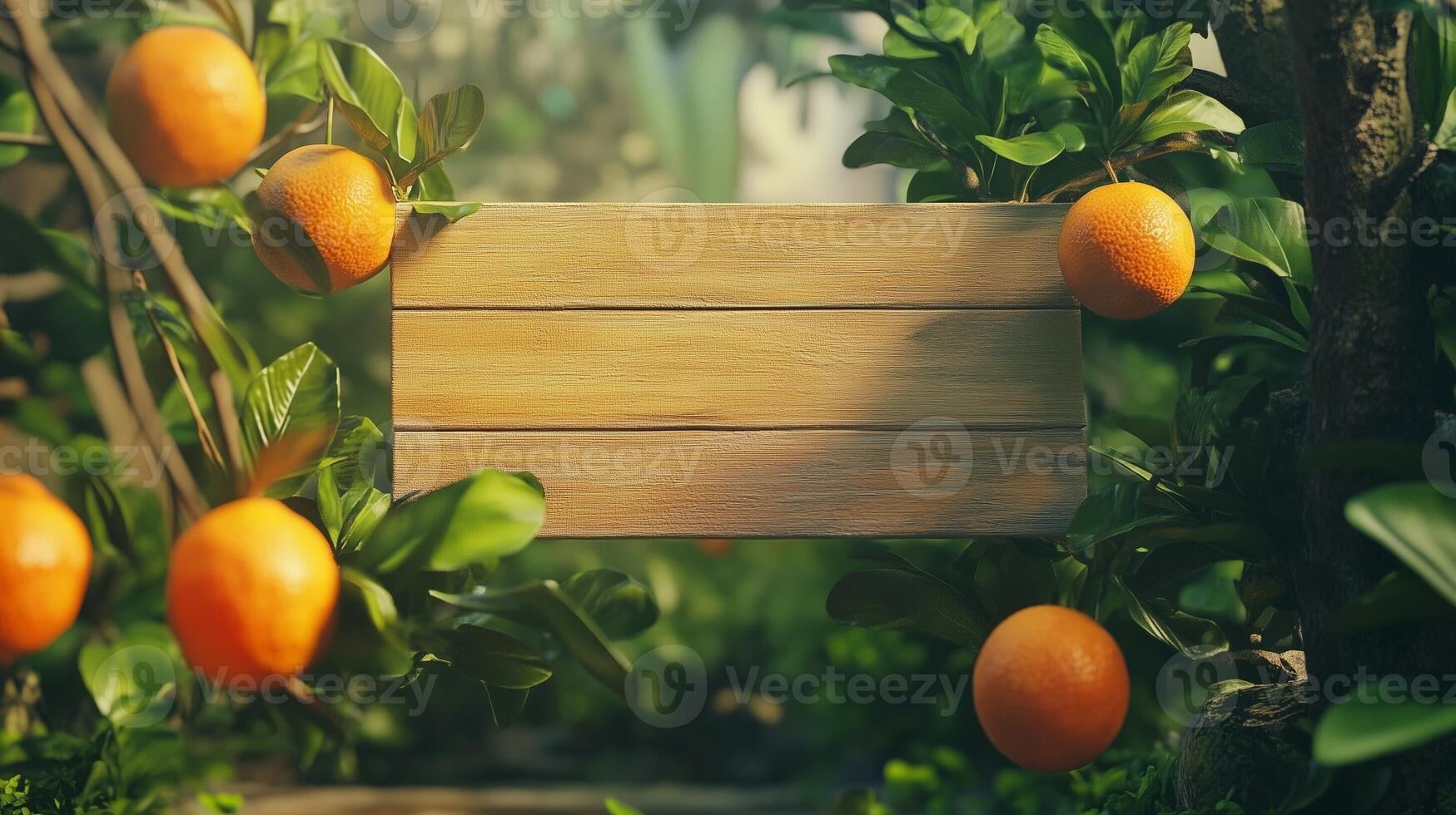 Blank wooden trunk board for label information important in orange fruit botanical field garden photo