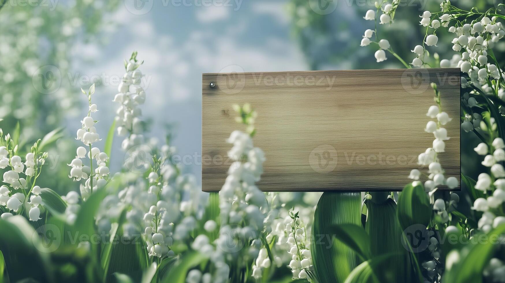 Blank wooden trunk board for label information important in lily of the valley flower botanical garden photo