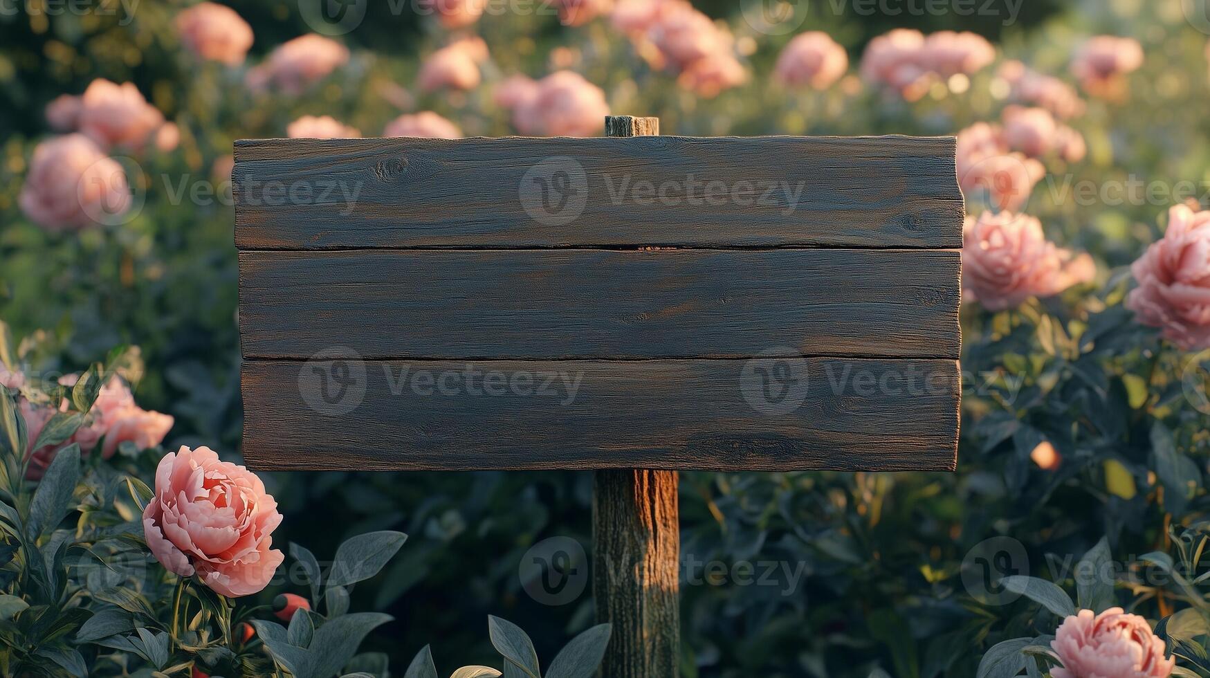 Blank wooden trunk board for label information important in peony flower botanical garden photo