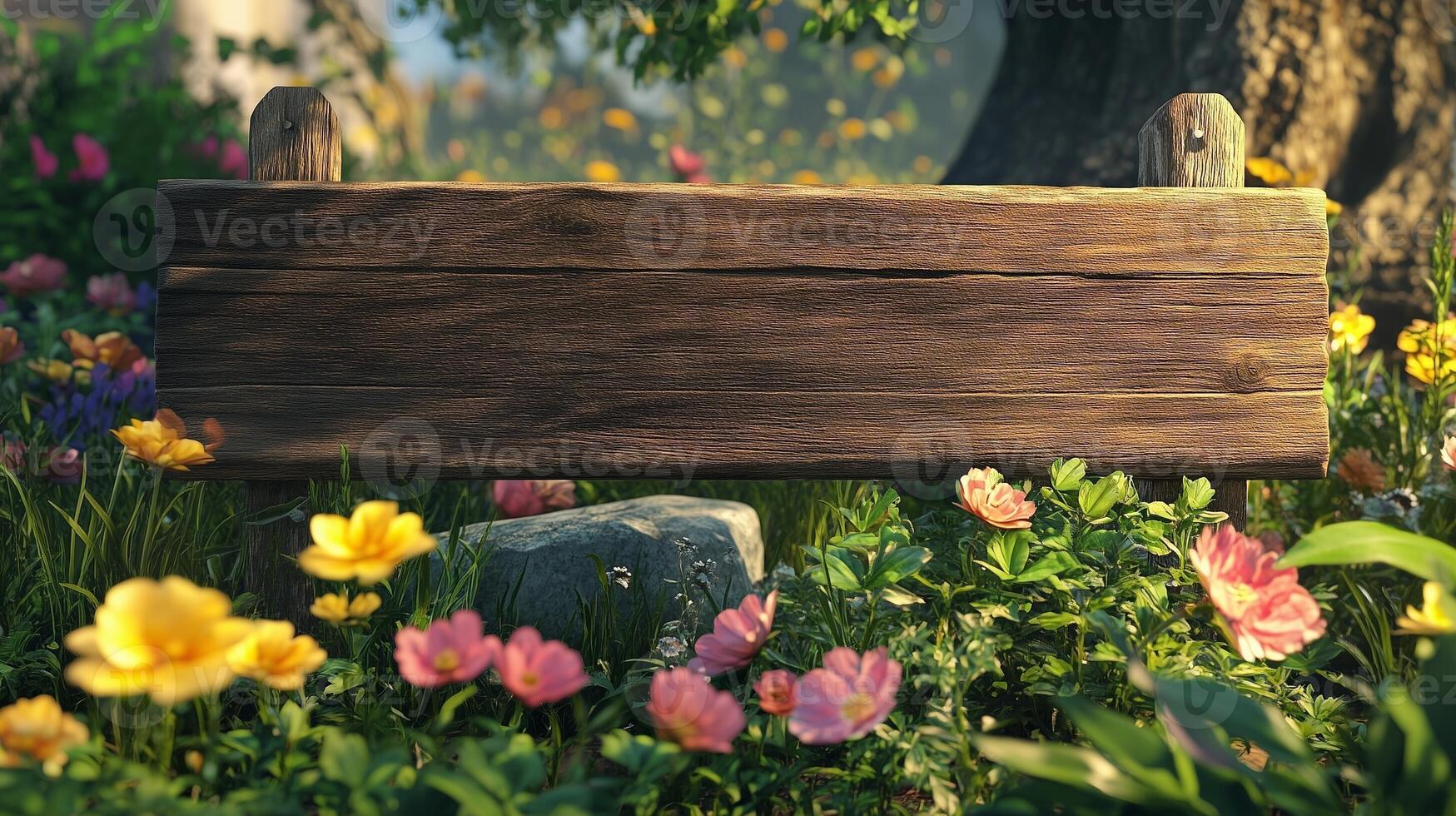 Blank wooden trunk board for label information important in primrose flower botanical garden photo