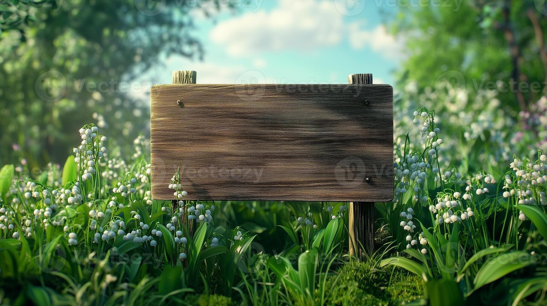 Blank wooden trunk board for label information important in lily of the valley flower botanical garden photo