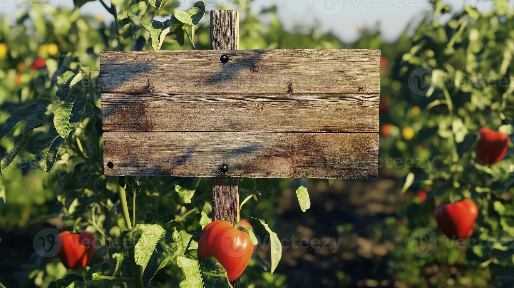 Blank wooden trunk board for label information important in bell pepper vegetable botanical field garden photo