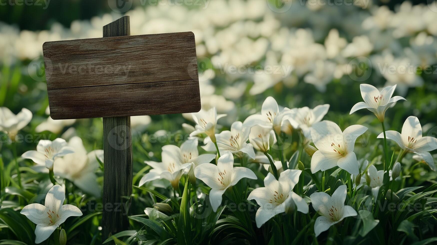 Blank wooden trunk board for label information important in white lily flower botanical field garden photo