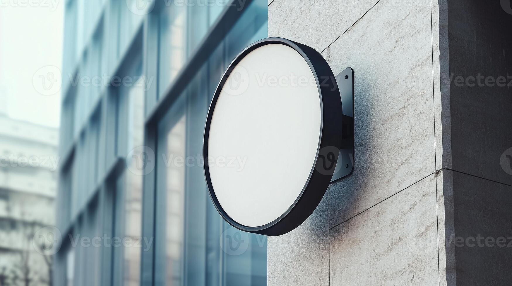 Mockup white and black frame circular signboard store display identity in wall building photo