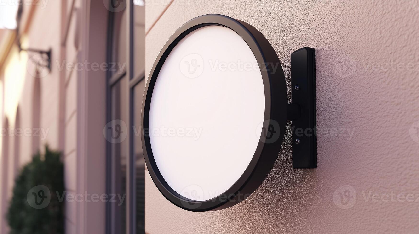 Mockup white and black frame circular signboard store display identity in wall building photo