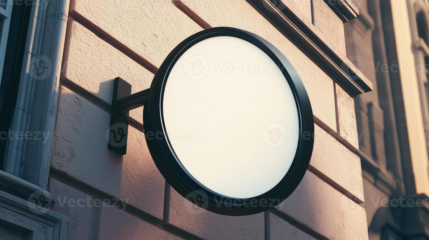 Mockup white and black frame circular signboard store display identity in wall building photo