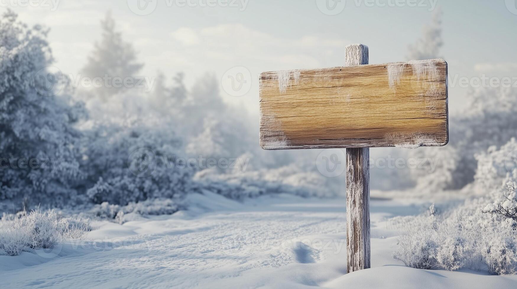 Wooden brown plank sign in winter road guiding direction of destination photo