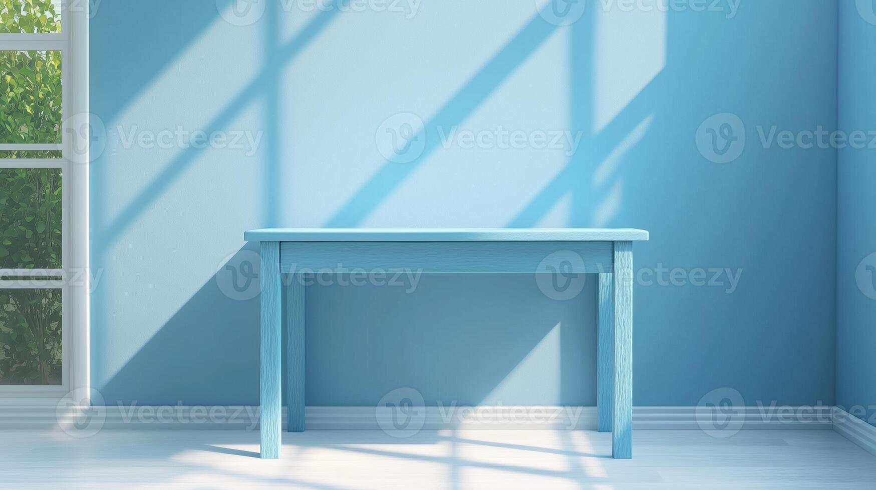 Empty table and blue glass window background with shadow sun bright photo