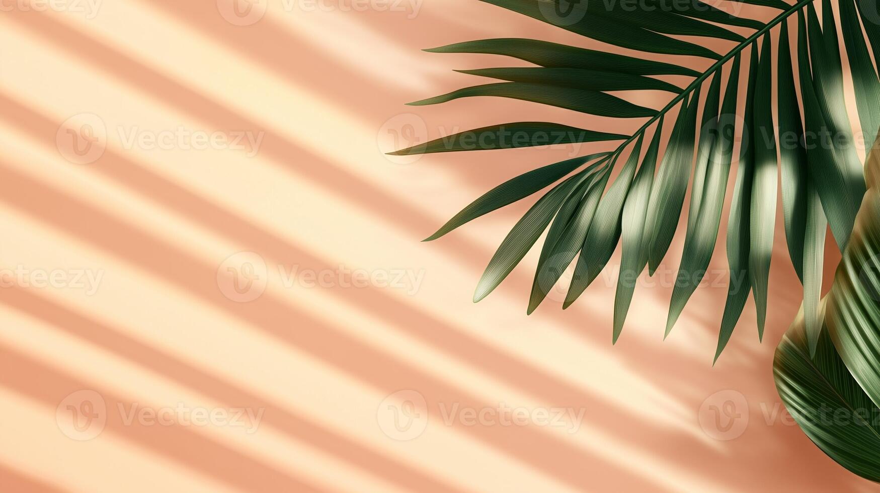 Green palm leaves of the edge frame decoration botanical nature copy space peach background photo
