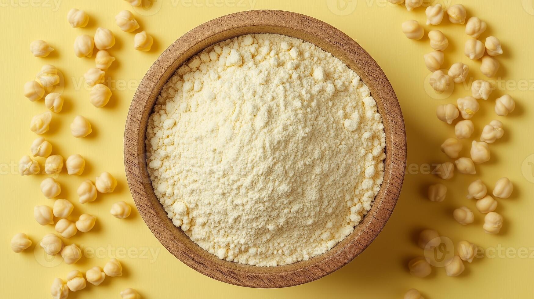 Chickpea flour on brown wooden bowl and some Chickpeas for baking, gluten free copy space photo