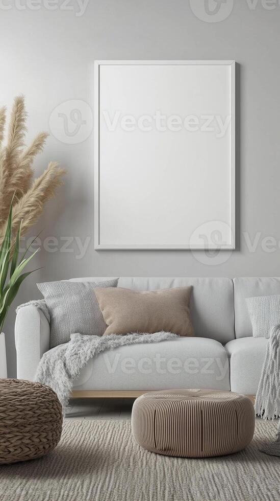 White blank frame mockup and whitewall and wooden floor living room story portrait background photo