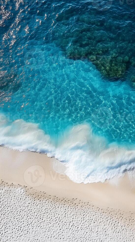 Top of view aerial drone beauty beach ocean water and white sand story background photo