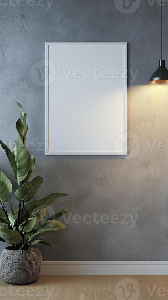 White blank frame mockup and grey wall and wooden floor living room story portrait background photo