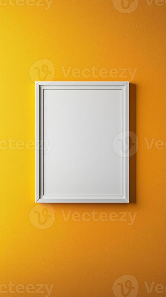 White blank frame mockup and yellow wall and wooden floor living room story portrait background photo