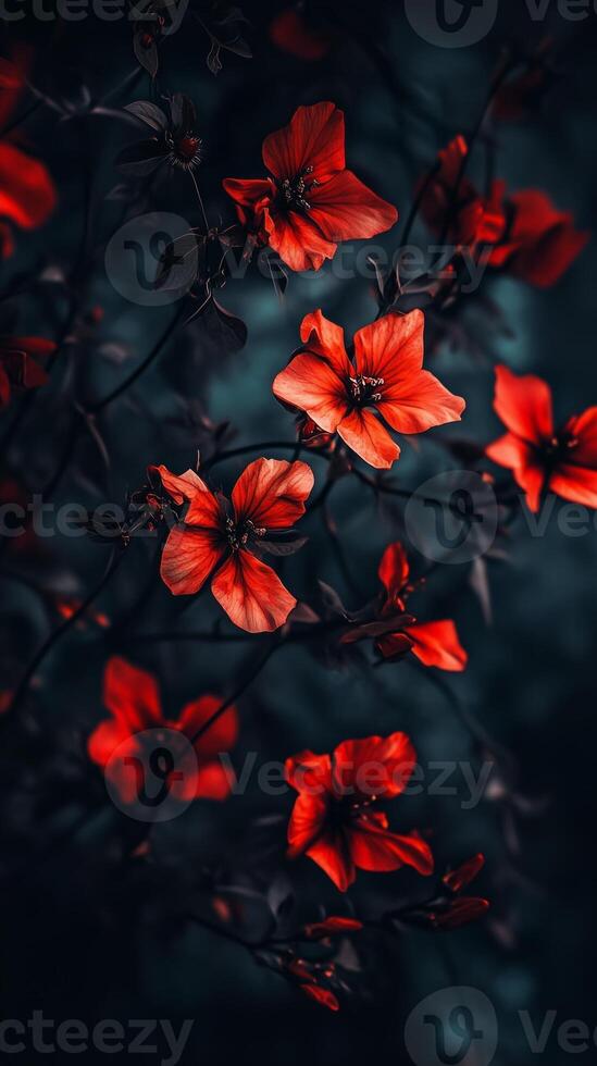 Captivating red flower dramatic photo effect dark blurred background portrait style