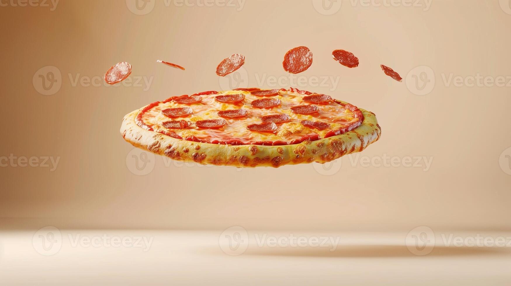 Pizza with cheese and sausage slice flying on solid background photo