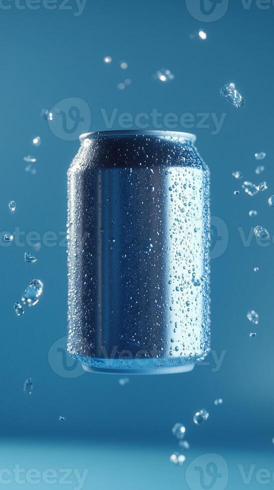Silver plain soda can fly in water with bubble, liquid cylinder container branding promotion drink photo