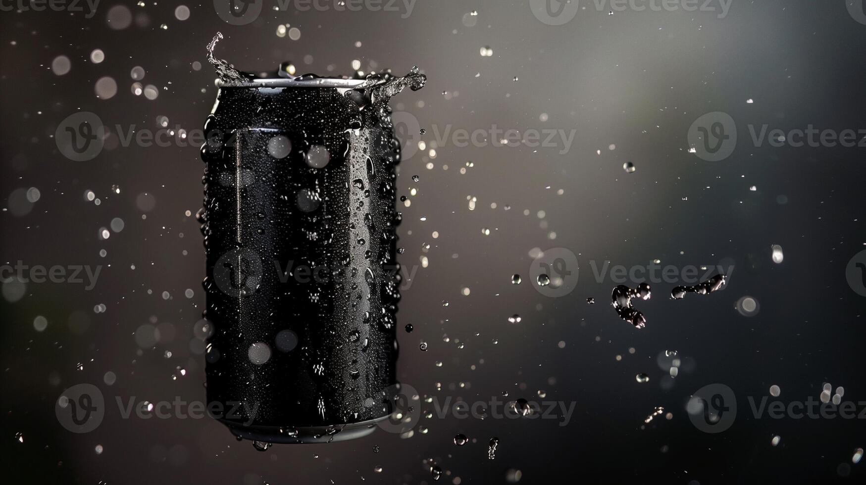 Black plain soda can fly in water with bubble, liquid cylinder container drink photo