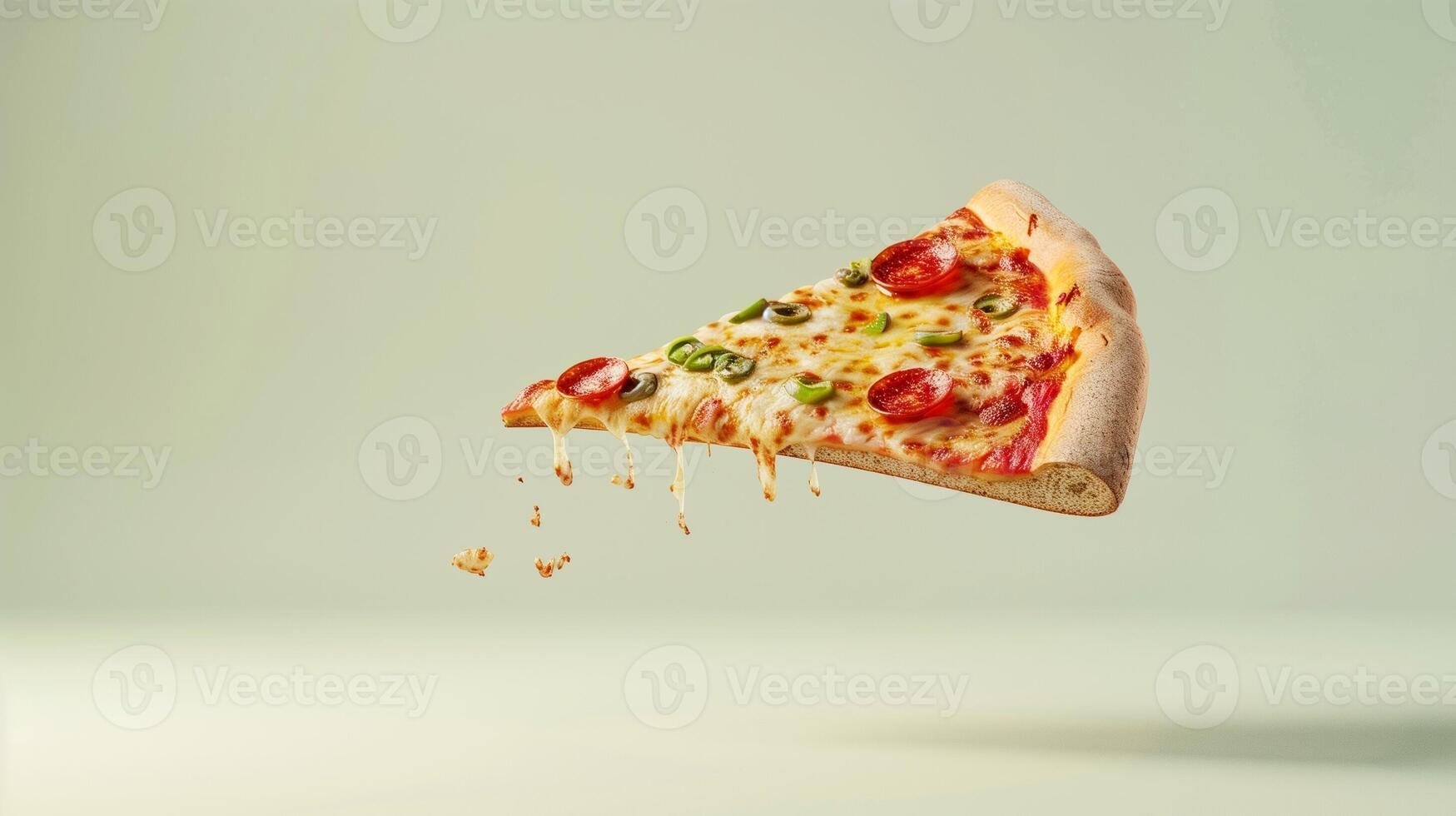 Pizza with cheese and sausage slice flying on solid background photo