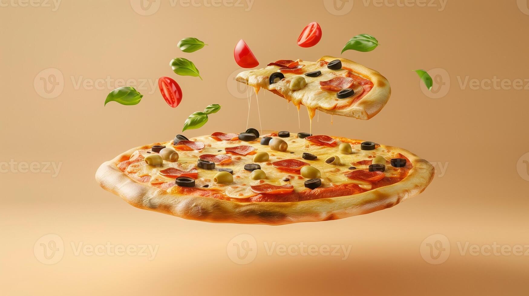 Pizza with cheese and sausage slice flying on solid background photo