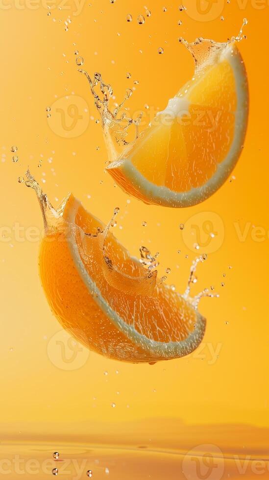 Orange slice fruit in water with splashing bubble organic fresh nutrition healthy lifestyle photo