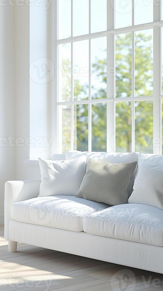 White armchair sofa and blank modern interior white wall cozy minimalist room photo