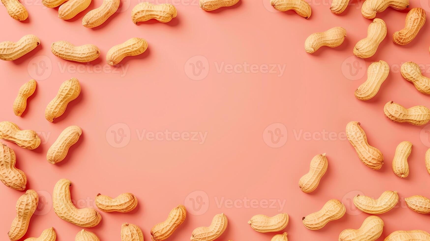 Circular arrangement of peanuts natural agriculture, copy space solid pink background photo