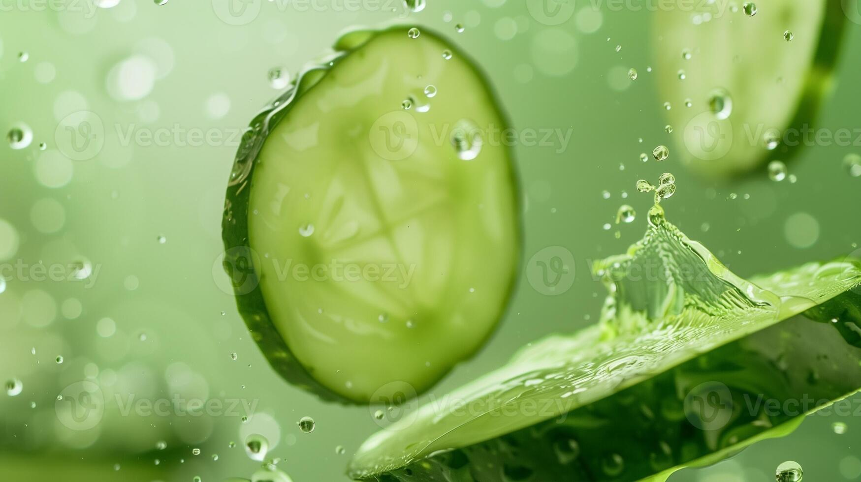 Cucumber slices vegetable flying in water with bubble natural organic gardening photo