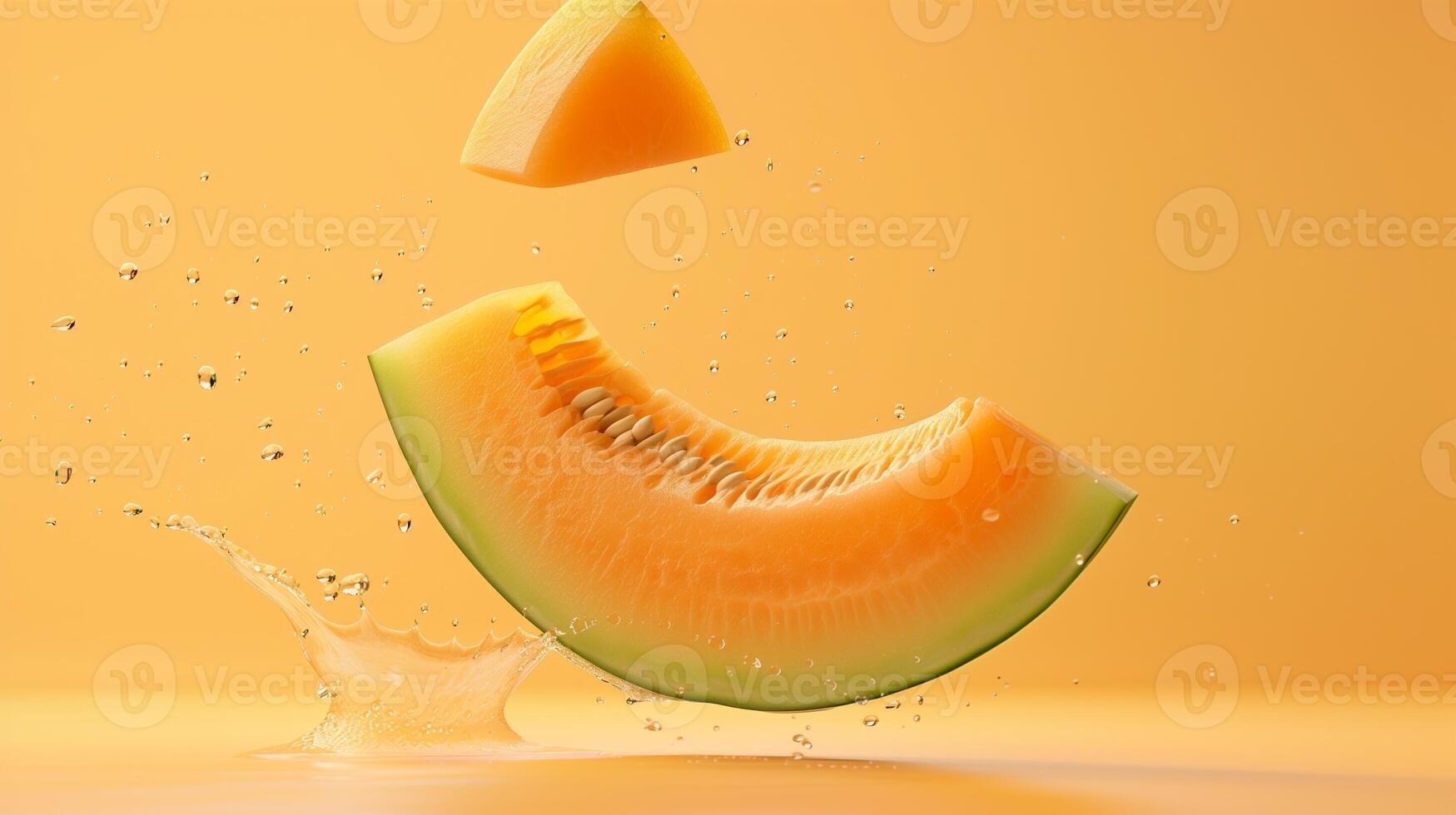 Melon fruit flying in water with bubble, organic botanical gardening real food photo