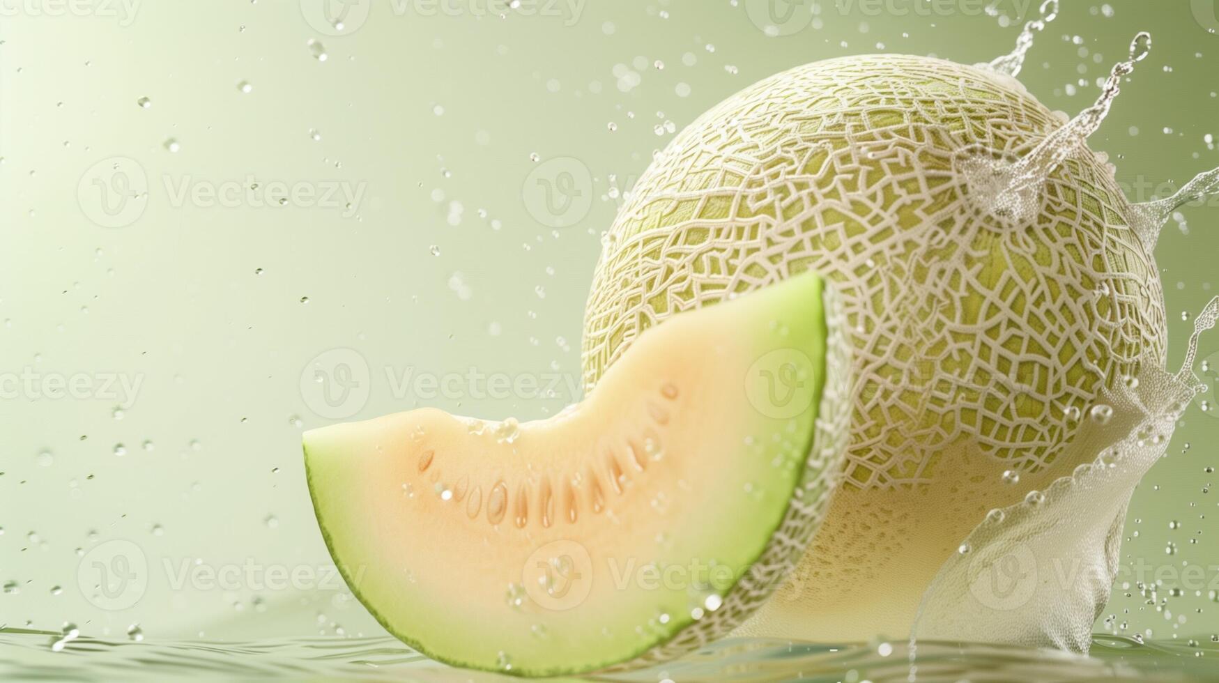 Melon fruit flying in water with bubble, organic botanical gardening real food photo