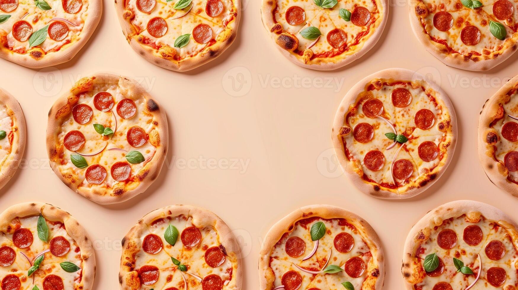 Pizza mini meal flat dought bread with sausage, mint and mozarella copy space pink background photo