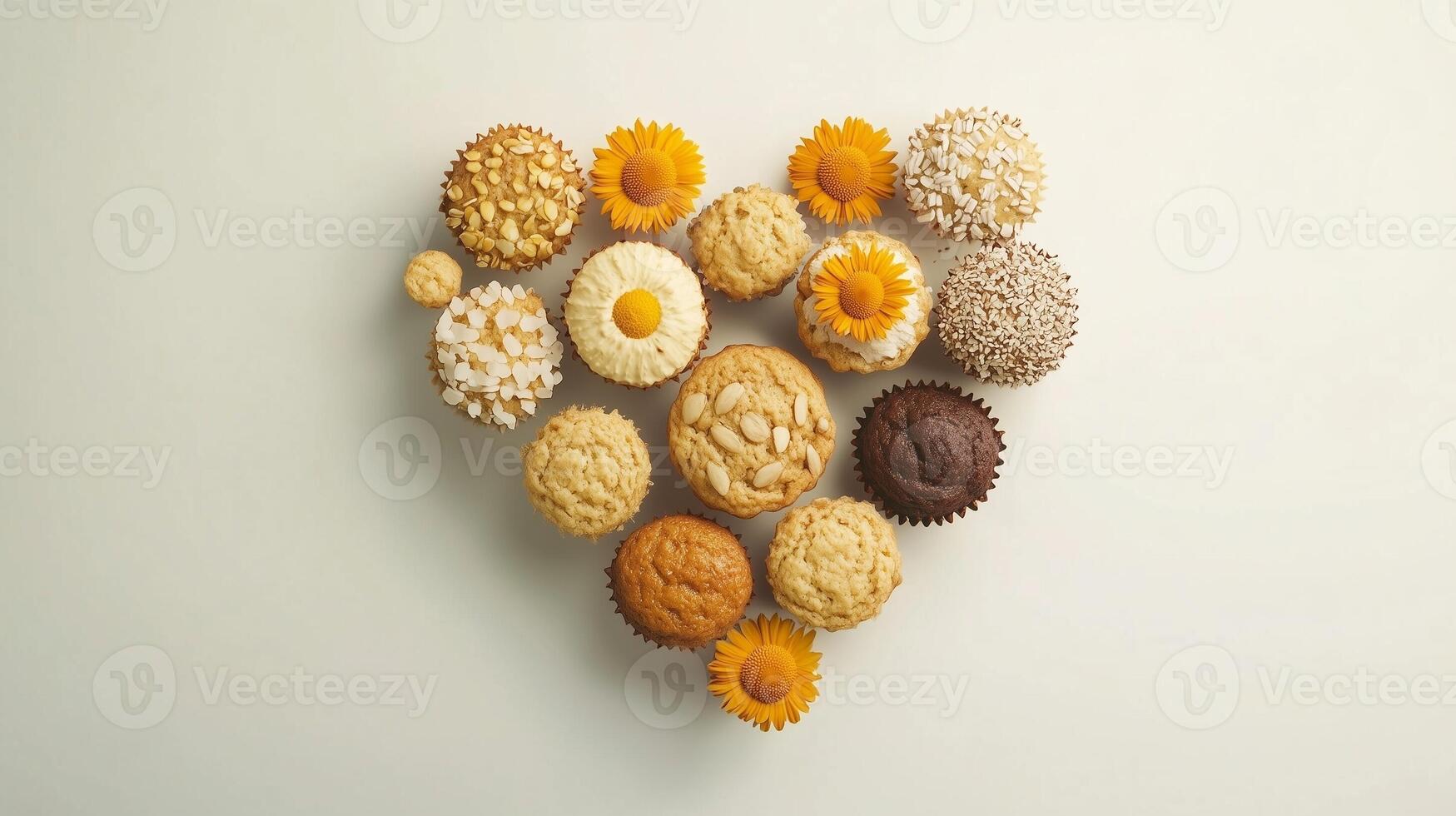 Sweet cupcake cream cake are arranged in a heart-shaped arrangement flat lay view photo