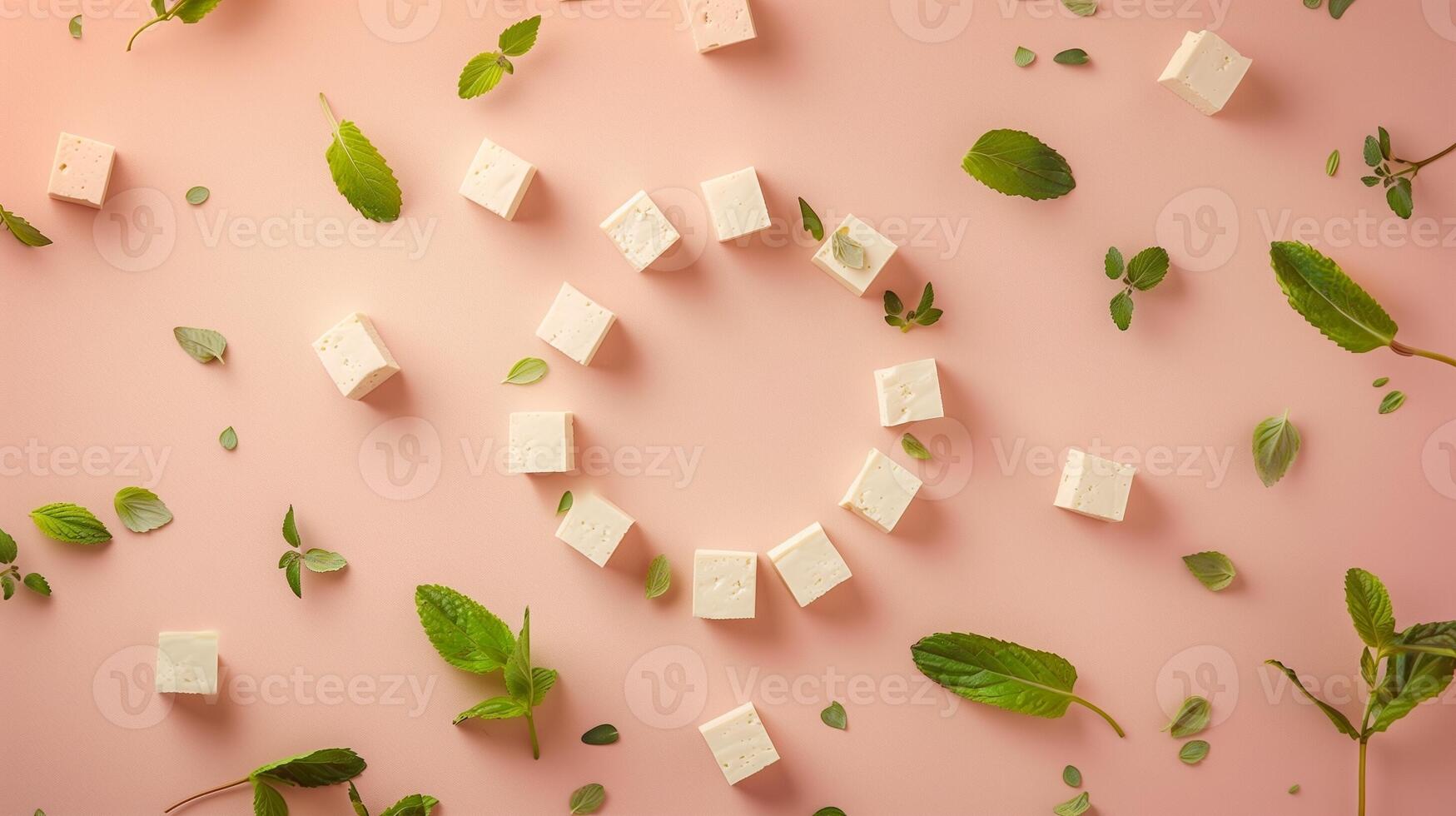 Tofu soybean extract natural ingredient for cooking circular arrangement in pink background photo