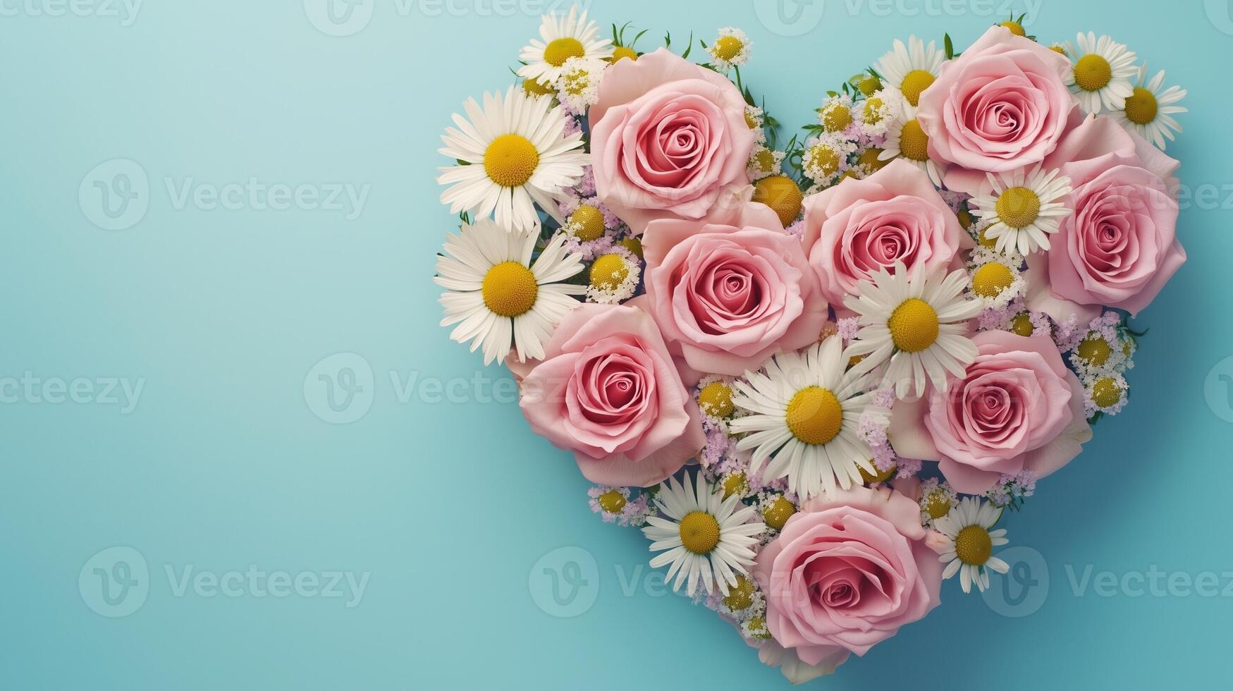 Chamomile and pink rose flowers are arranged in a heart-shaped arrangement flat lay view photo