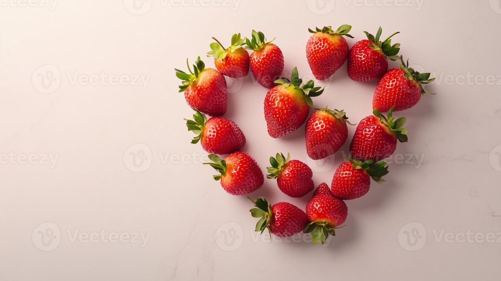 Strawberry red fruit arranged in the shape of a heart copy space blank background photo